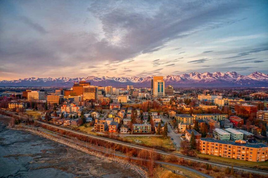 Downtown Anchorage at sunset.