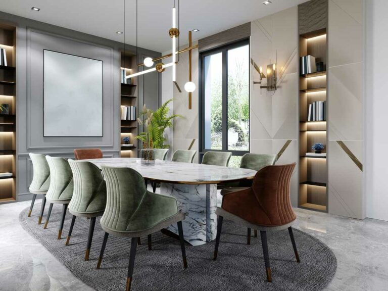 Modern dining room with an abstract light fixture and backlit bookshelves