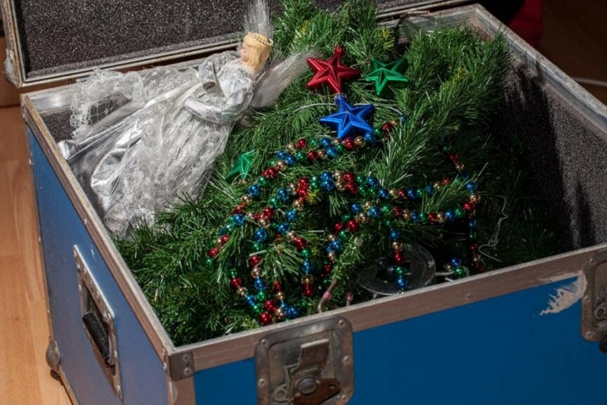Christmas decorations in a storage box.
