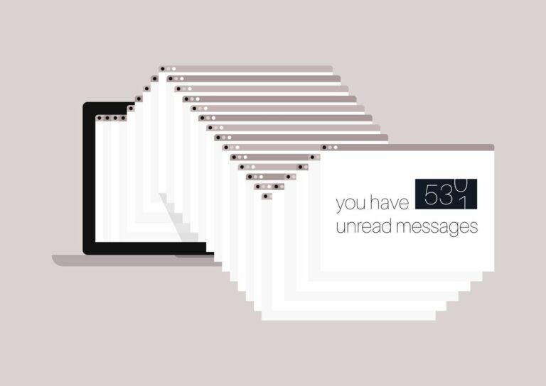 Unread messages organized as a cascade of pages popping from the laptop.