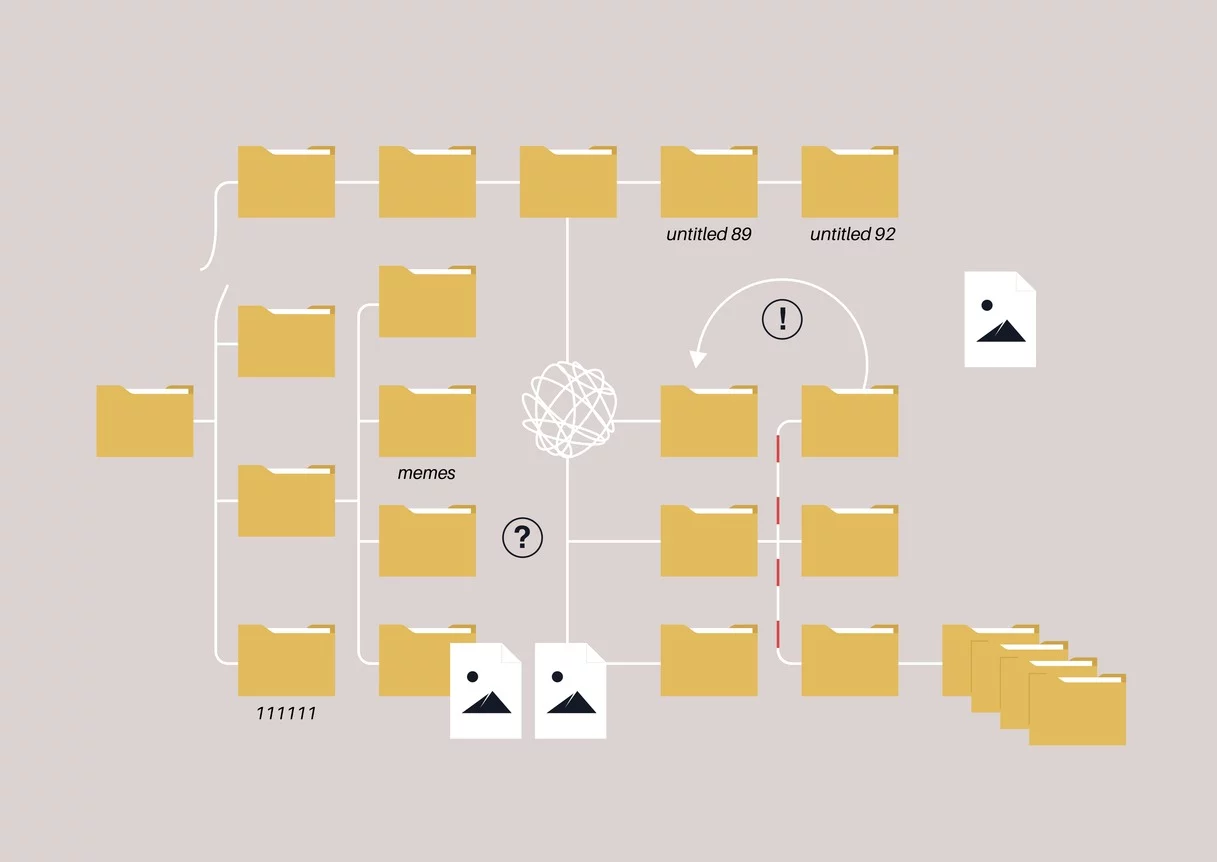 A cluttered workspace showing a file directory with folders in a chaotic disorder.