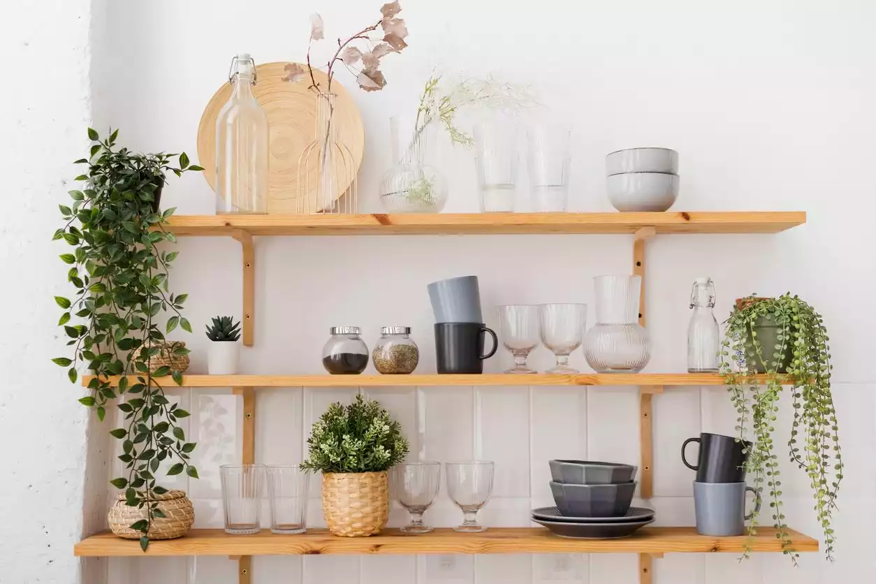 Wooden floating shelves on the wall stylishly display plants and kitchen dishes.