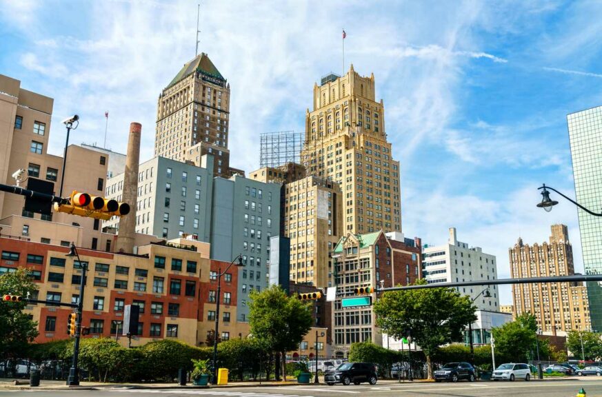 A daytime street view of Downtown Newark in New Jersey. 