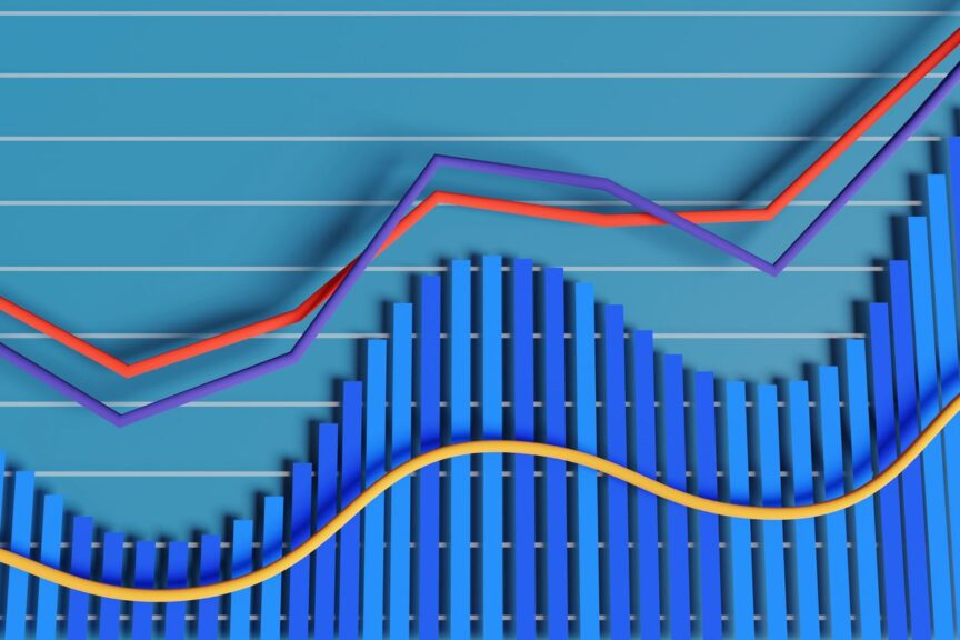 A blue chart combining bar graphs and line graphs on a horizontal plane.