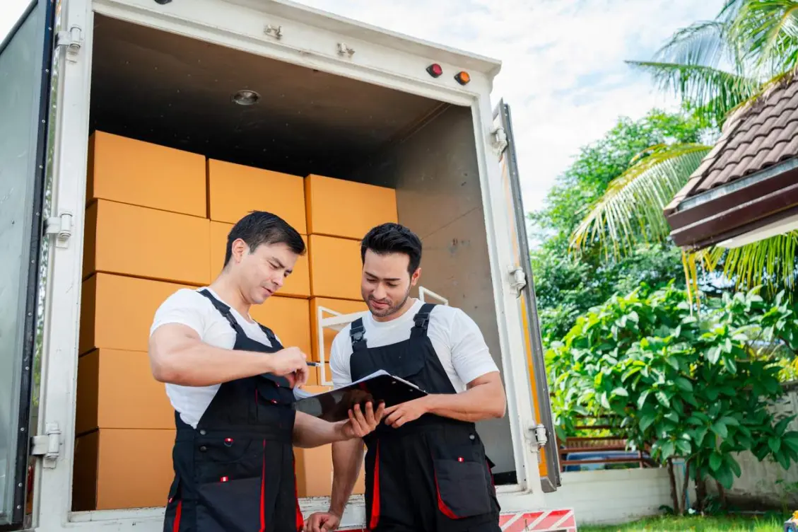 Two male movers stand outside a packed truck while reading over a checklist.