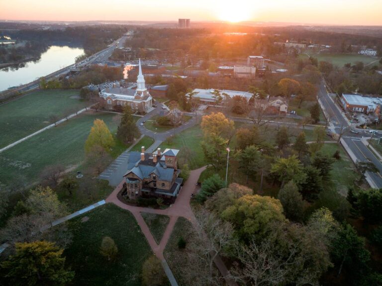 The grassy, tree-lined campus of Rutgers University in New Brunswick, NJ.
