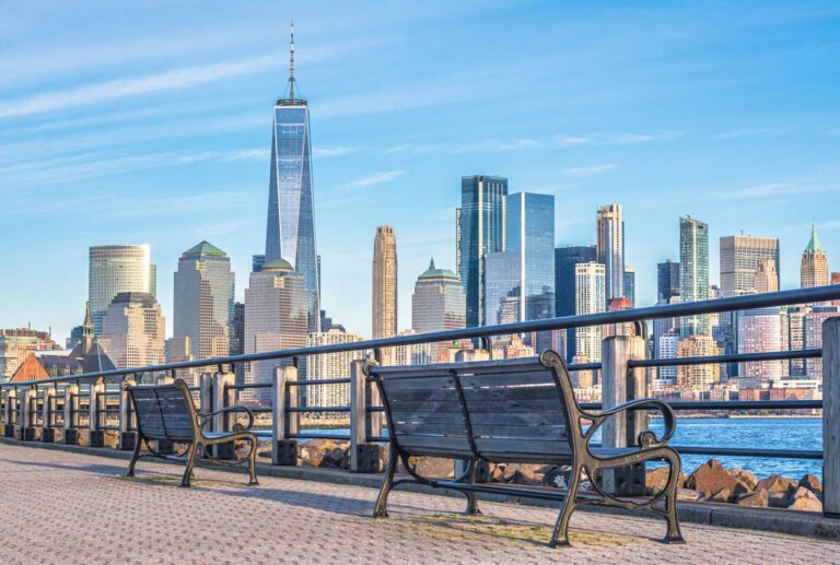 Side-view shot taken of Downtown Manhattan and Jersey City.