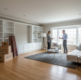 Living room featured with people standing.