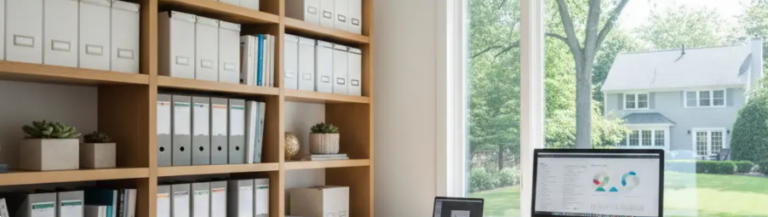 A bright New Jersey home office features organized storage shelving and a large window overlooking a lush green backyard.