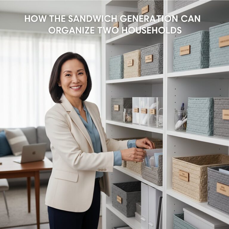 A smiling woman organizes neat bins on a shelf, representing the peace of mind found in an orderly household.