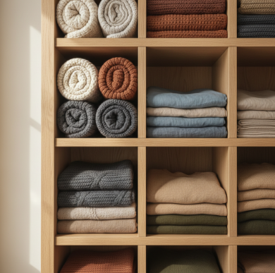 Neatly folded linens and sweaters in muted earth tones fill wooden cubbies under warm light to maximize storage space.