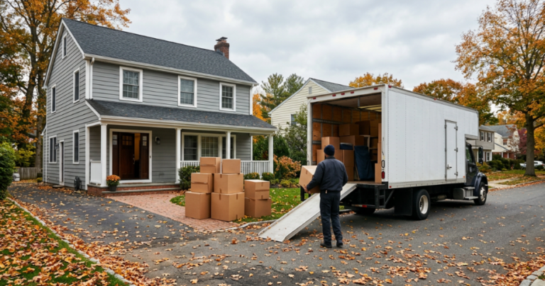 A man loading boxes into a moving van parked outside of a house in the fall.
